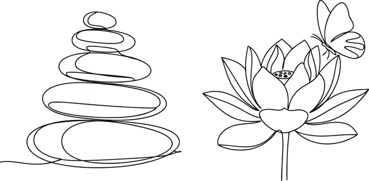 Minimalist continuous line art featuring a stacked stone cairn and a blooming lotus with butterfly