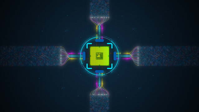 AI Digital Core Handling Neural Network Big Data Flow Visualization Vector Illustration Design