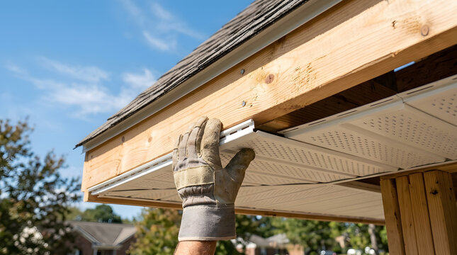 installing white vinyl soffit panels on house roof | home exterior renovation and roofing maintenance | professional contractor installing attic ventilation system | worker hands installing perforated