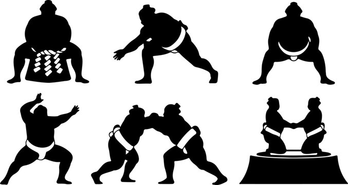 Sumo Wrestler Silhouette Set Showing Traditional Japanese Wrestling Poses and Match Scenes