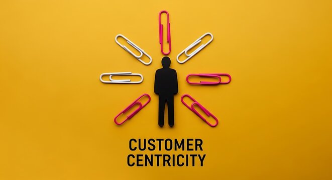 Customer centricity business concept, human figure silhouette with colorful paperclips on yellow background, client focus and service strategy
