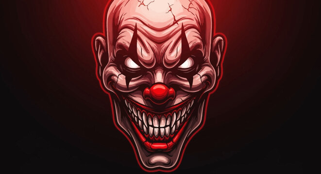 Creepy cartoon clown face with red glow.