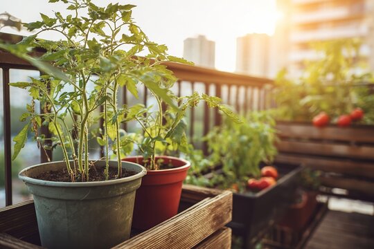 Tomatoes in pots growing on urban balcony with city view on sunny day &mdash; concept of urban gardening and home farming