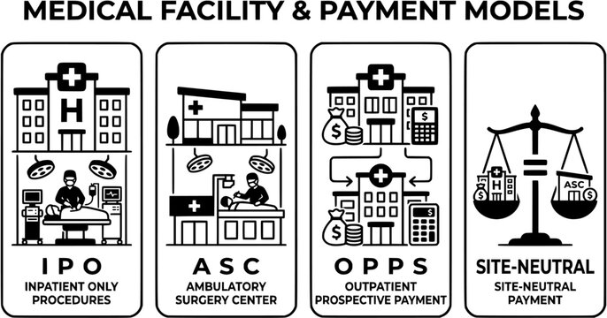 Medical Facility & Payment Models 4 Vector Set IPO ASC OPPS Site-Neutral Icons vector black