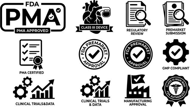 set of vintage labelsPMA Premarket Approval Icon FDA High Risk Class III Device Black Vector black icons