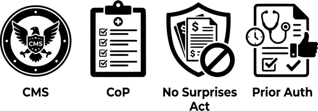 Medical Policy Law & Compliance 4 Vector Set CoP CMS No Surprises Act Prior Auth vector black icons