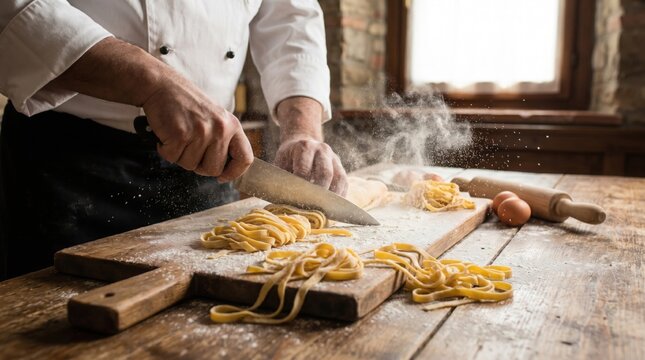 Chef cutting fresh pasta on a wooden board with eggs and rolling pin nearby in kitchen.
