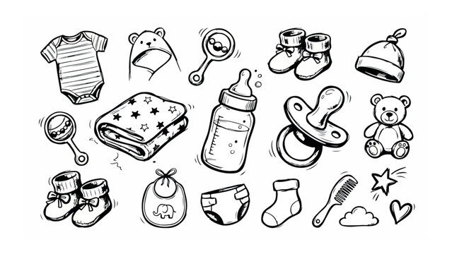Baby Icons Set Vector, Adorable Baby Essentials Doodle Collection, Newborn Clothing and Accessories Graphics