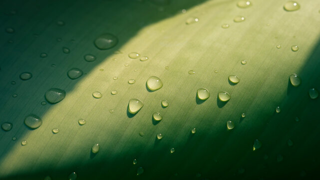 Raindrops on green leaf veins, Tropical foliage texture with dramatic diagonal sunlight and deep teal shadows.