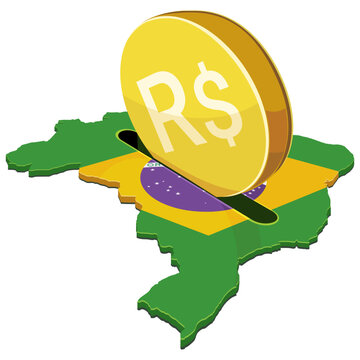 Illustration representing Brazil's financial growth and banking system showing a Real coin (R$) entering a map-shaped piggy bank with the national flag. (cut out)