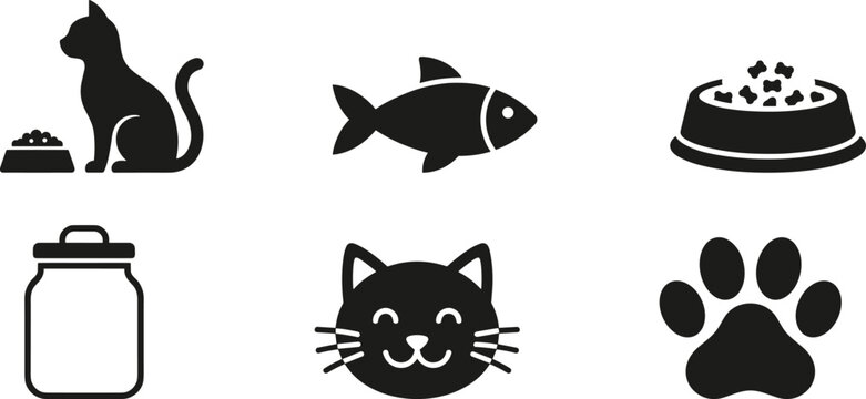 Cat pet food fish bowl jar paw print face whiskers animal care icon set silhouette outline design illustration -flat vector illustration