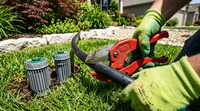 how to install an underground sprinkler system | cutting irrigation pipe with garden tools | repairing lawn irrigation system hose | hands using pipe cutters in garden landscaping