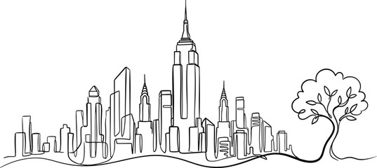 Obraz premium City skyline skyscrapers tree continuous line drawing urban nature architecture environment icon set minimalist design artwork -flat vector illustration