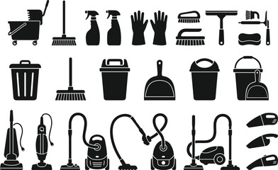 Obraz premium Cleaning tools equipment mop bucket spray bottles gloves brushes squeegee sponge broom dustpan vacuum icon set silhouette design artwork -flat vector illustration