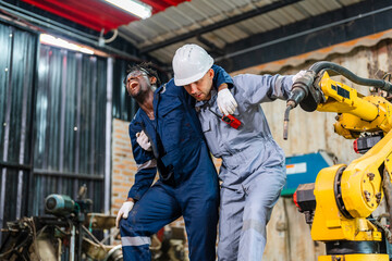 Two workers in a factory repair robotic arm machinery. Worker in white helmet holds tools. Yellow robotic arm stands beside them. Factory background with metal walls and tools © VStudio