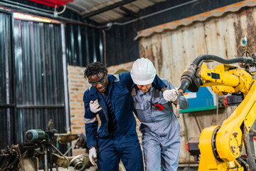 Fototapeta premium Two workers in safety gear collaborate near industrial robot arm. One worker wears white helmet, other has dark hair. Both focus on task beside yellow robotic machinery