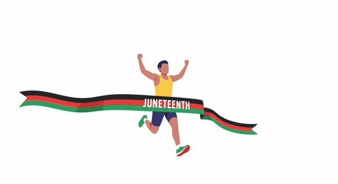 Man crossing Juneteenth Day finish line with raised arms in celebration on a sunny day outdoors