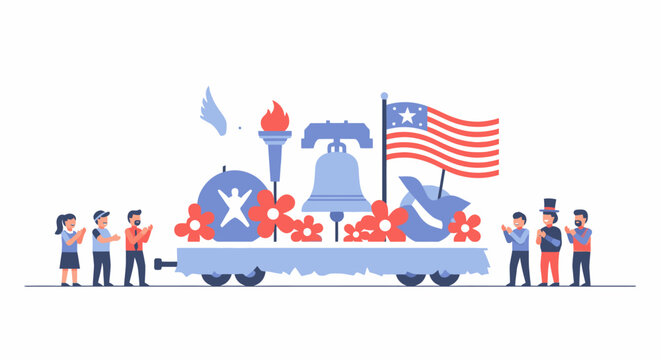 People celebrate Juneteenth Day with a festive float featuring symbols of freedom and unity in a joyful parade.