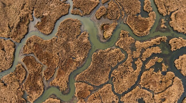 Aerial view of wetlands with winding rivers and patches of dry marsh grass creating a natural abstract pattern in ecological landscape.