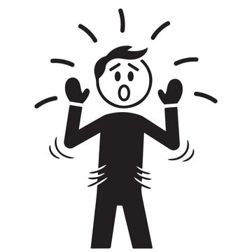 Black and white vector icon of a panicked figure with raised hands and open mouth. Symbolizing shock, fear, anxiety, and sudden surprise.