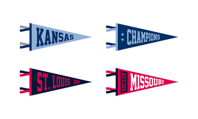 Fototapeta premium Set of St. Louis, Missouri soccer team pennants. Retro colors labels. Vintage hand drawn wanderlust style. Isolated on white background. Good for t shirt, mug, other identity. Vector illustration.