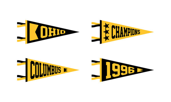 Set of Columbus soccer team pennants. Retro colors labels. Vintage hand drawn wanderlust style. Isolated on white background. Good for t shirt, mug, other identity. Vector illustration.