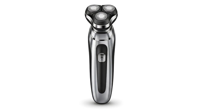 Closeup of a modern electric rotary shaver with three rotating heads and power button isolated on white transparent background