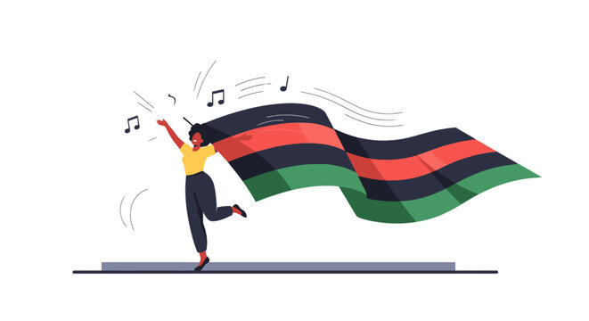 Person dancing with Malawian flag on Juneteenth Day celebration with music notes around