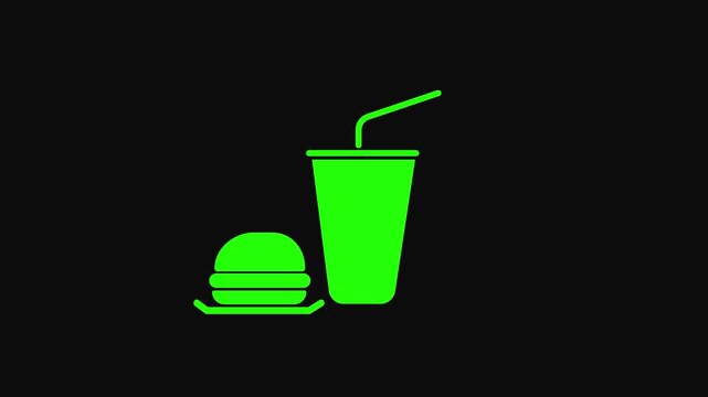 Green fast-food hamburger and soda cup with straw on black background drink.