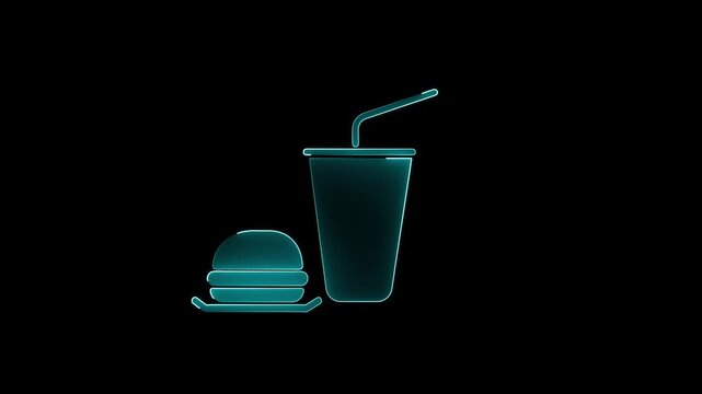 Neon hamburger and soda cup with straw on black background fast food.