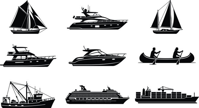 Boats ships sail yacht canoe fishing trawler cruise cargo vessel watercraft icon set silhouette design artwork -flat vector illustration