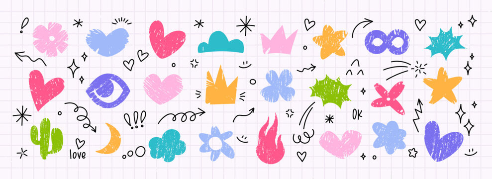 Crayon pencil color line set. Pastel hand-drawn texture shapes. Doodle arrows, cute icons. Brush paint sticker hearts, stars, flowers, clouds, crowns. Childish school art notebook scribble collage bg