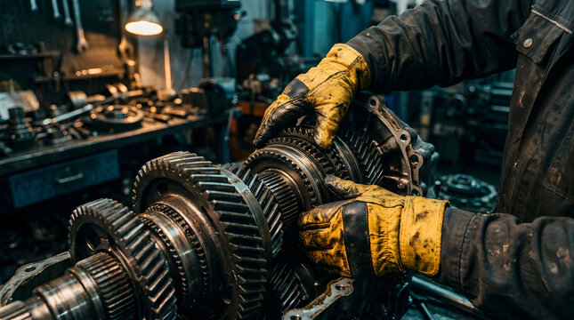Mechanic hands assembling transmission gears | Industrial gearbox repair in professional workshop | Heavy machinery maintenance with safety gloves | Automotive technician repairing steel engine parts