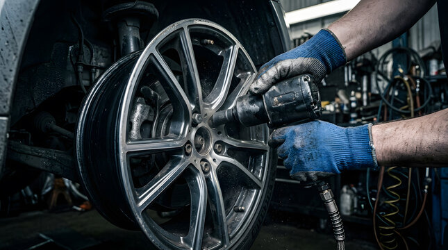 professional mechanic hands using impact wrench | changing car tires in automotive repair shop | pneumatic air tool loosening wheel lug nuts | car maintenance service and tire rotation