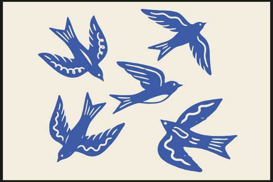 Stylized illustration of five blue birds in flight with unique wing patterns on beige background