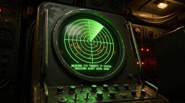 Vintage Military Radar Screen Tracking Targets in Dark Tactical Command Center