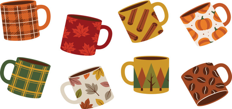 Autumn Coffee Mug Collection Featuring Plaid, Pumpkin, Leaf, Cinnamon, and Cozy Seasonal Patterns in Flat Vector Illustration Style