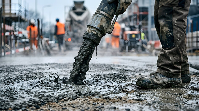 Industrial concrete pouring process on construction site| Wet cement flowing from nozzle onto ground| Construction worker in heavy duty safety boots| Professional masonry and foundation laying work