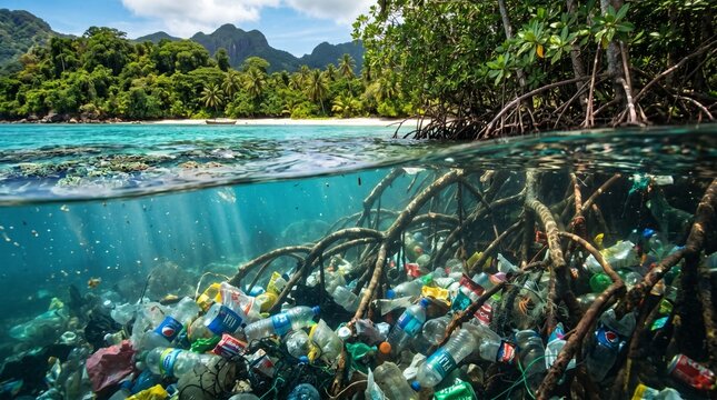 Environmental Concept of Tropical Island Supported by Plastic Waste Underwater