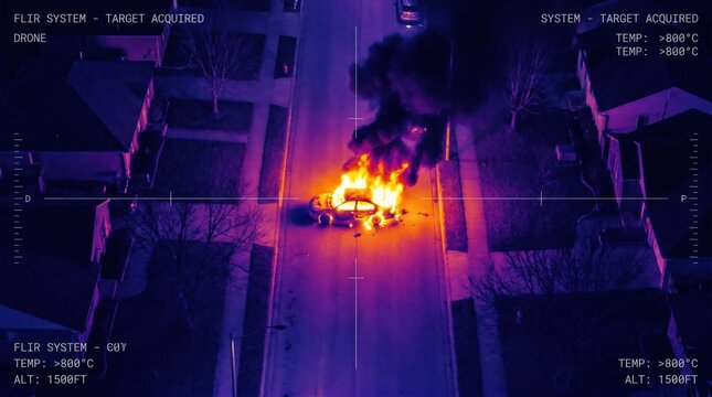 Thermal Drone View of Burning Car on Suburban Street at Night During Emergency Crisis