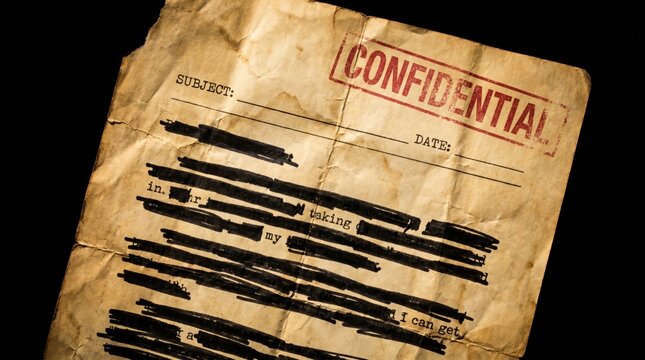 Confidential Redacted Government Document Isolated on Dark Background With Dramatic Lighting