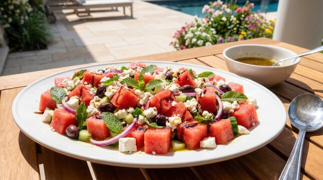 Watermelon feta salad on a wooden table by a pool with flowers and a bowl of dressing.