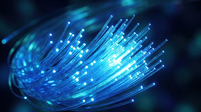 Glowing Fiber Optic Cable Bundle With Blue Data Light Transmission Technology