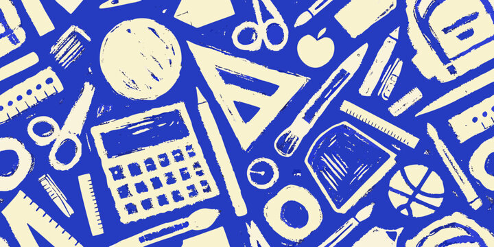 Stationery pattern with school supplies white on blue background