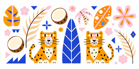 Stylized vector illustration of leopards with tropical leaves and coconuts © Raju
