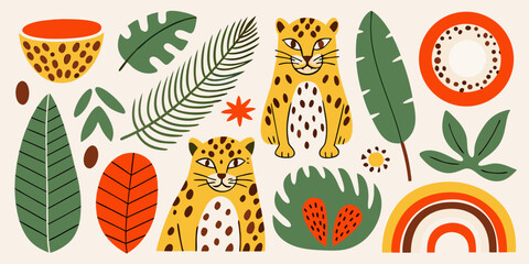 Stylized floral and fauna illustration with leopards and tropical leaves © Raju