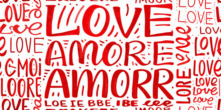 Seamless pattern featuring the words love and amore in red script