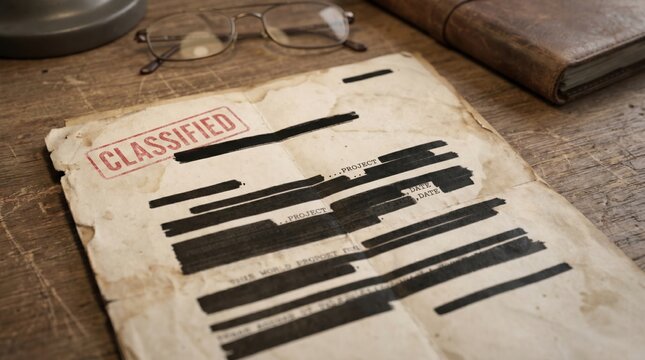 Classified Government Document With Redacted Text on Rustic Wooden Table