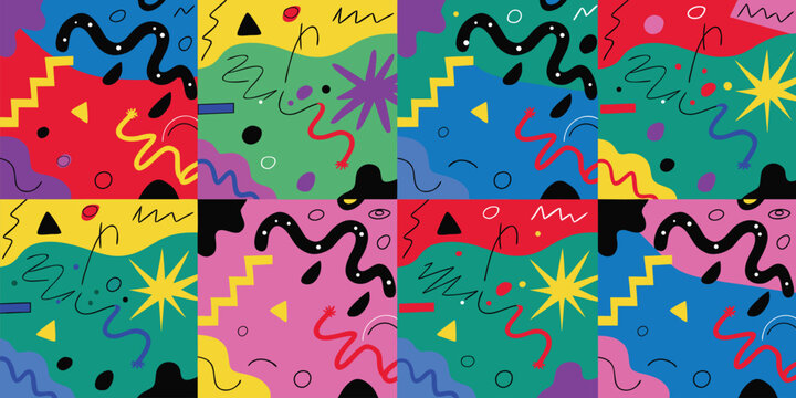Memphis style geometric pattern with colorful abstract shapes and lines.