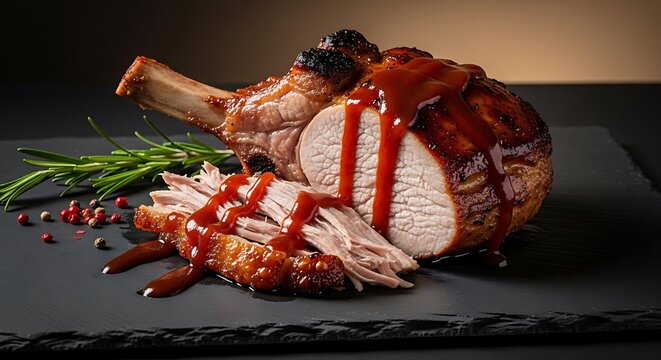 Sliced pork chop with red sauce on a slate plate. chuleta de cerdo